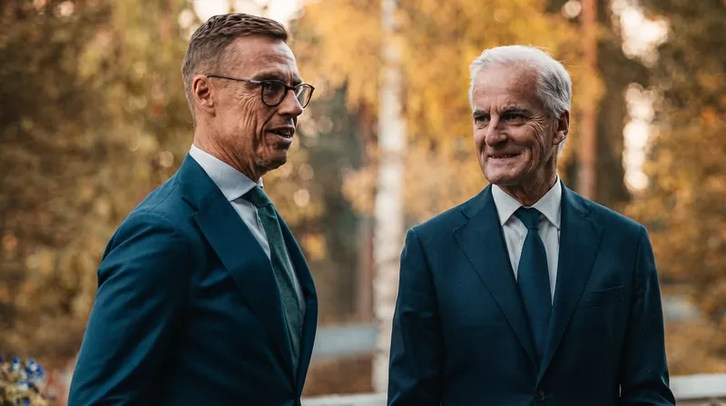 Finnish President Alexander Stubb and Norwegian Prime Minister Jonas Gahr Støre standing together at a formal diplomatic press conference.