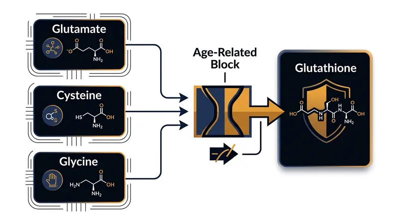 Glutathione synthesis requires three amino acids, but aging cells often lack sufficient cysteine and glycine to complete the process.
