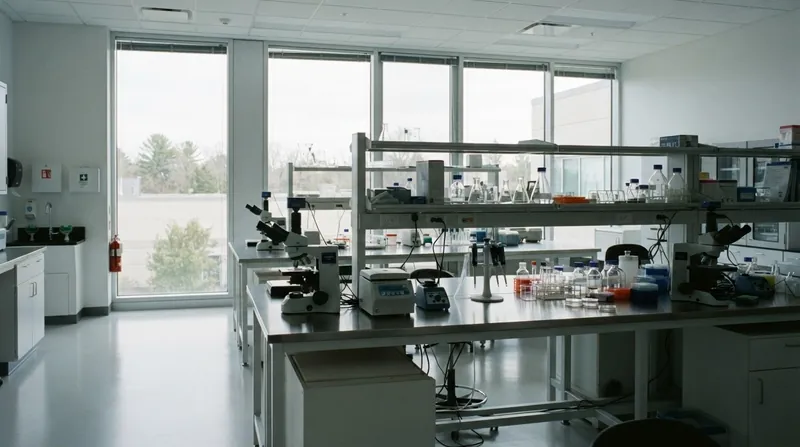 A modern, sterile biotechnology research laboratory featuring stainless steel biosafety cabinets and cell culture incubators.
