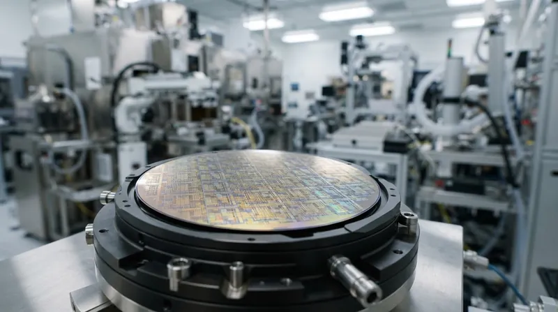 A highly automated semiconductor cleanroom environment showing specialized wafer deposition equipment under yellow lighting.