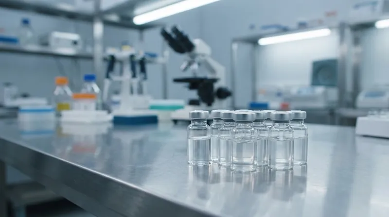 Close-up of a laboratory researcher holding a vial of clear liquid in a sterile environment