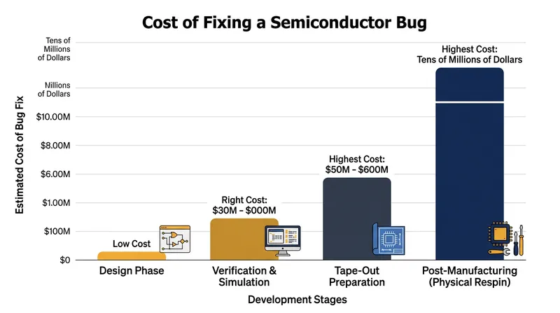 The cost of fixing hardware bugs increases exponentially once a chip design moves into physical fabrication.
