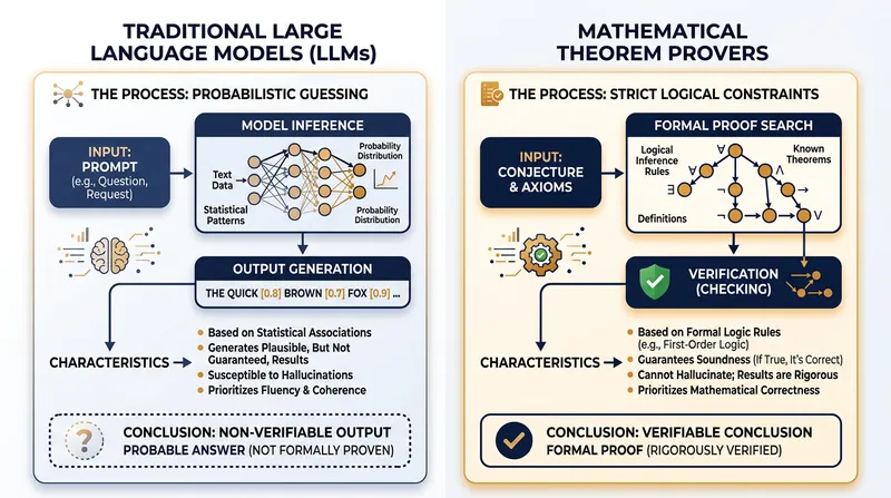 Unlike standard generative models, theorem provers follow strict logical rules to eliminate hallucinations.