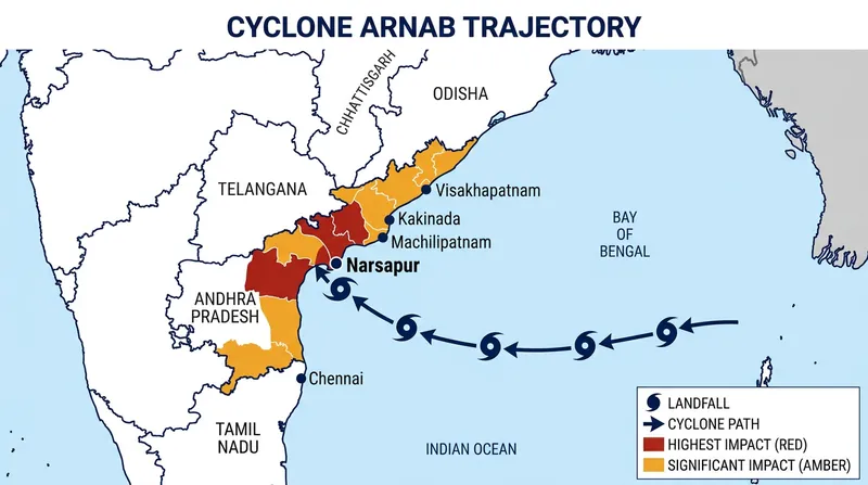 Cyclone Arnab crossed the coast near Narsapur before tracking northwestward inland.