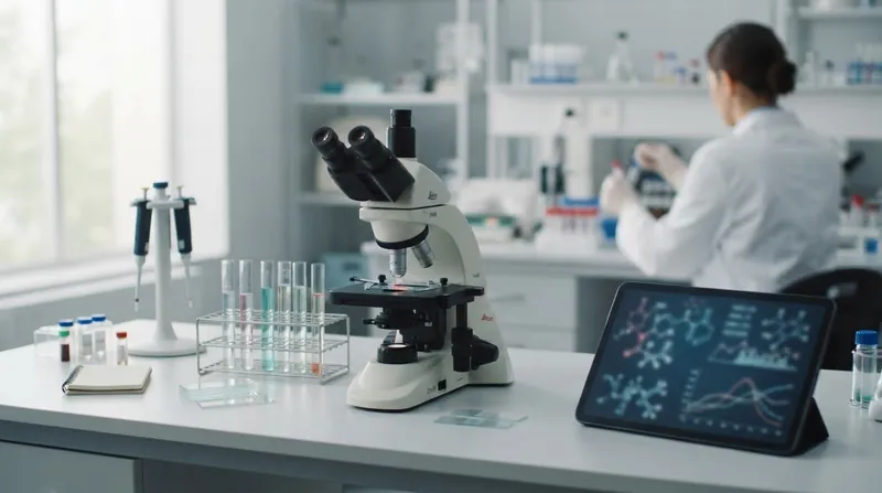 A medical researcher in a white coat examines a digital display of cellular structures in a bright laboratory.