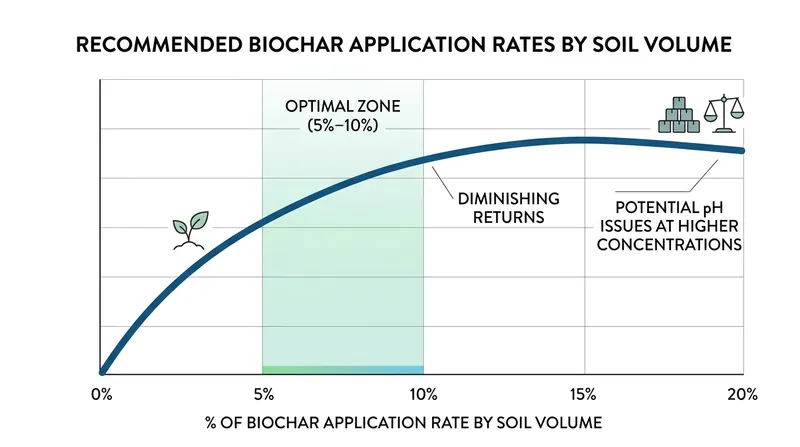 Horticultural guidelines recommend incorporating biochar at 5 to 10 percent of the total soil volume.