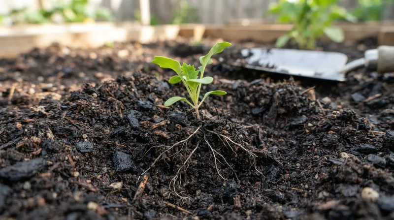 A gardener's hands mixing dark, porous biochar chunks into brown garden soil.