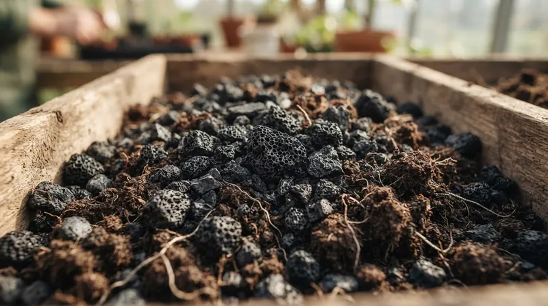 Illustration: Under a microscope, biochar reveals a vast network of pores that provide habitat for beneficial soil microbes.
