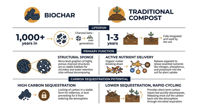 Unlike traditional compost which decomposes rapidly, biochar remains in the soil for centuries.