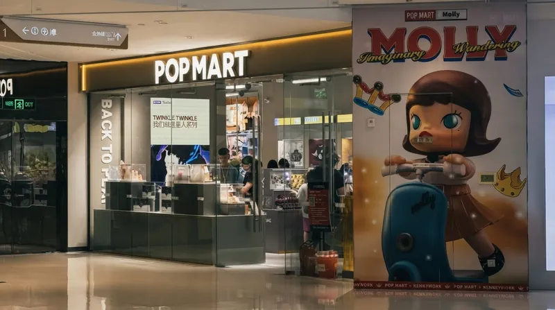 Exterior view of a brightly lit Pop Mart retail store showcasing collectible toys in the window.