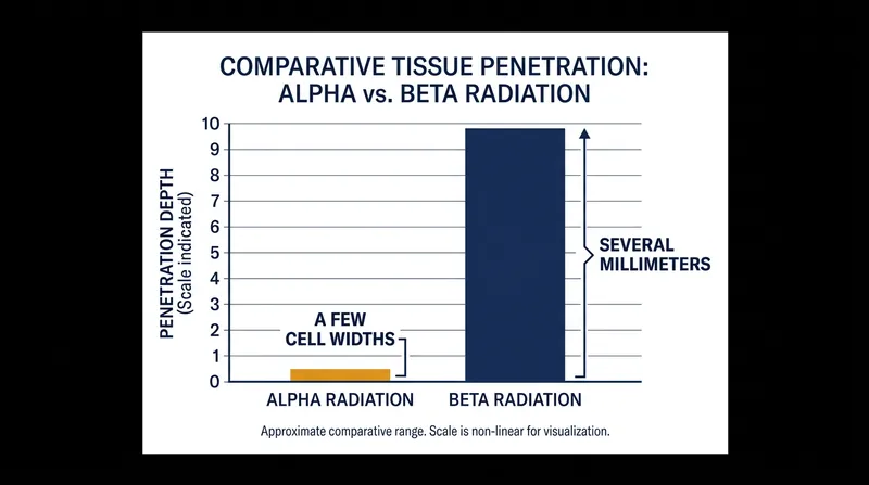 Alpha particles travel significantly shorter distances than beta particles, limiting damage to surrounding healthy tissue.