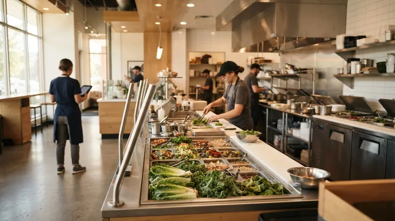A bright, modern Sweetgreen restaurant interior with employees preparing salads behind the counter.