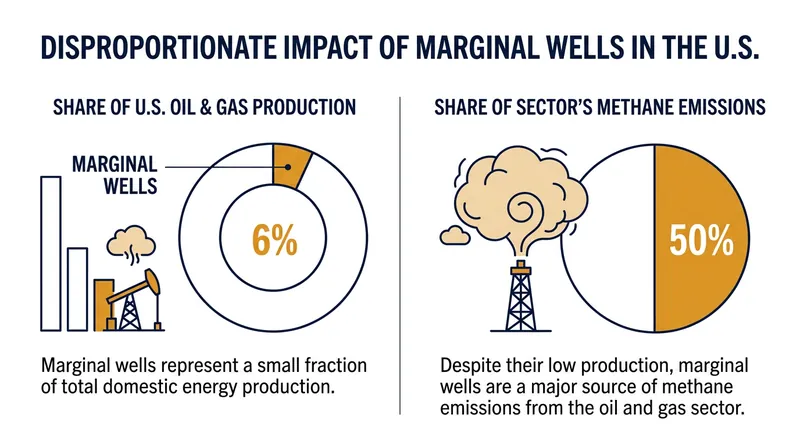 Marginal wells produce a small fraction of domestic fossil fuels but generate roughly half of the industry's methane emissions.