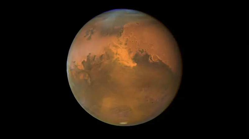 Illustration of a young, glowing Earth surrounded by a thick atmosphere with rocky debris falling through it.