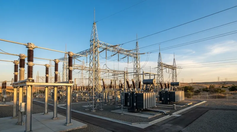 A large industrial high-voltage electrical substation with steel towers and thick transmission cables at sunset.