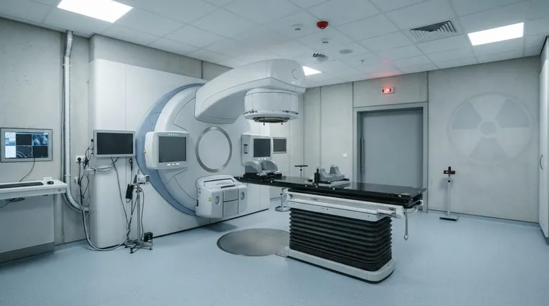 A modern medical linear accelerator radiotherapy machine in a brightly lit hospital treatment room.