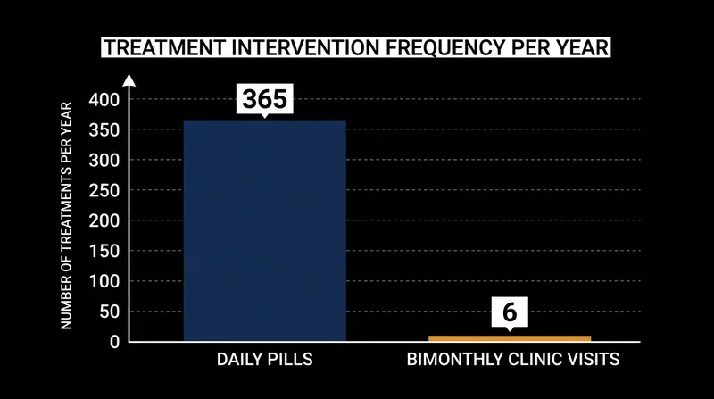 The injectable regimen drastically reduces the number of times a patient must actively manage their treatment each year.