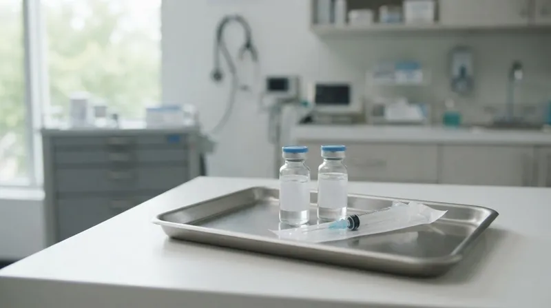 A healthcare provider wearing blue gloves prepares a medical injection vial in a brightly lit clinical setting.