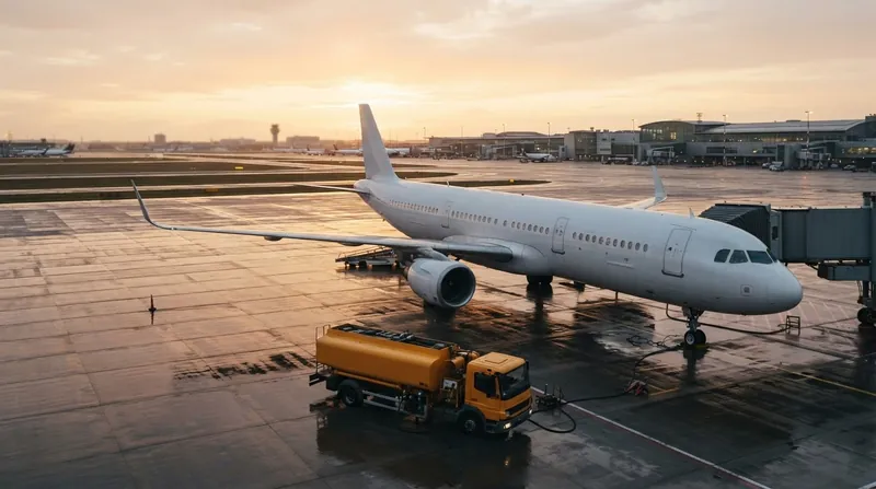 A commercial jetliner parked at an airport gate at dusk with refueling trucks attached to its wing.