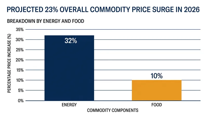 Energy and food costs are driving the broader 23% surge in global commodity prices.