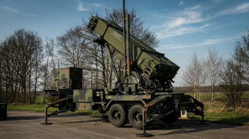 A Patriot PAC-3 missile launcher deployed in a grassy field with military personnel in the background.