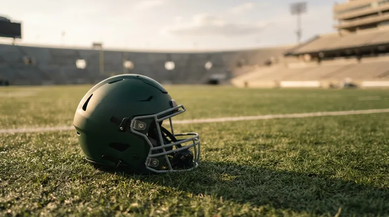 A lone, worn professional football helmet resting on a dark locker room bench under a single light.
