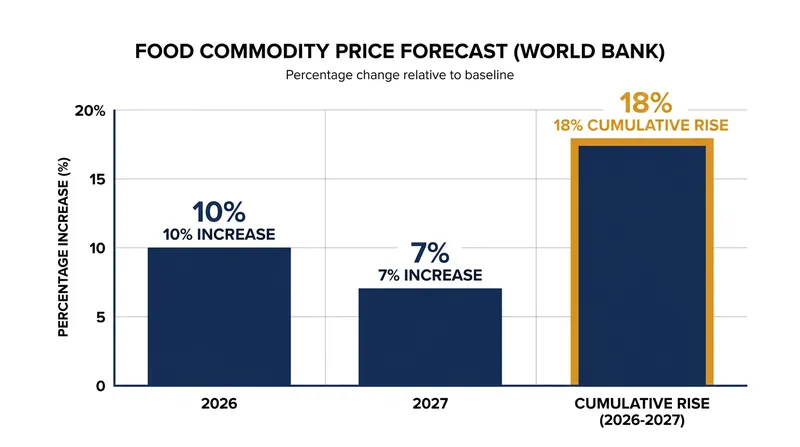 Global food commodity prices are expected to rise by a cumulative 18% across 2026 and 2027.