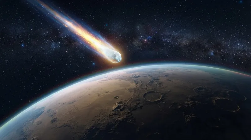 An illustration of a comet burning up brightly as it enters a planet's atmosphere.