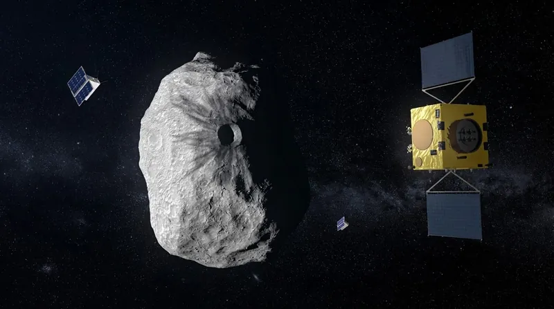 The Hera spacecraft approaching the Didymos and Dimorphos binary asteroid system in deep space.