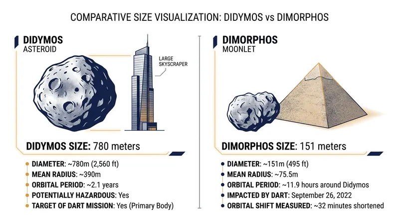 Didymos measures roughly 780 meters across, while its smaller companion Dimorphos spans 151 meters.