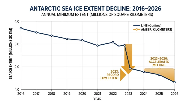 Antarctic sea ice extent has plummeted since 2016, reaching a record low of 1.79 million square kilometers in early 2023.