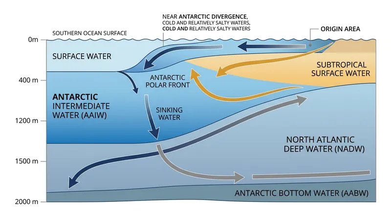 The Antarctic Intermediate Water layer sits between 400 and 1,200 meters deep, acting as a primary conduit for global ocean circulation.