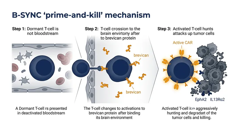 The B-SYNC therapy uses a synthetic sensor to keep immune cells dormant until they detect a brain-specific protein.