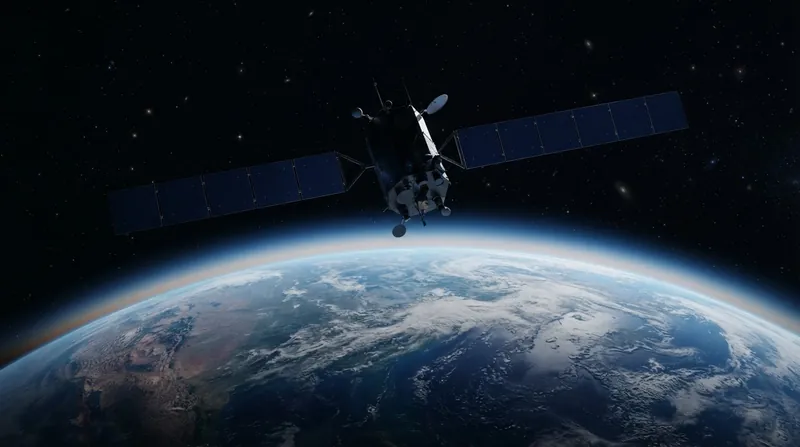 A modern military satellite with large solar panels orbiting high above the Earth.