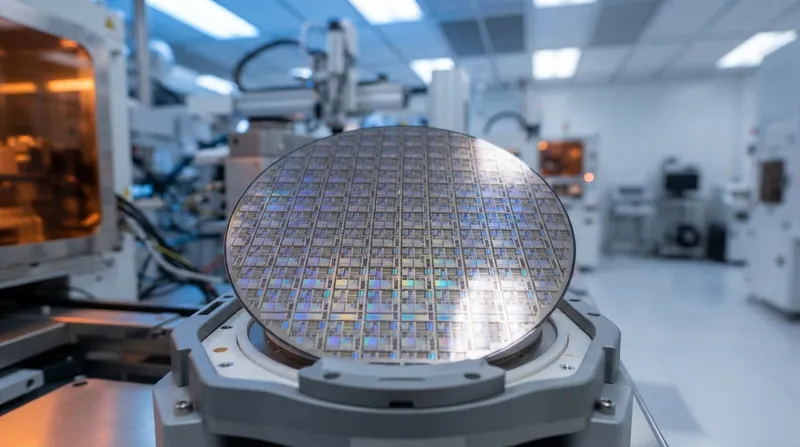 A technician in a white cleanroom suit inspecting a silicon wafer under amber lighting.