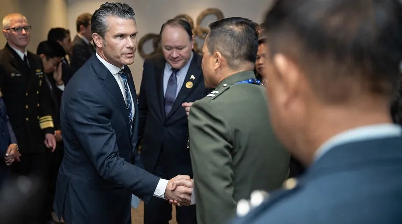US Defense Secretary Pete Hegseth speaking at a podium during an international summit with ASEAN branding.