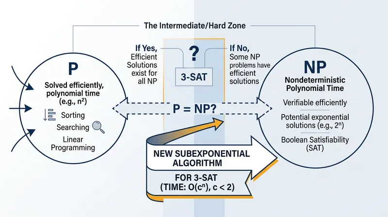 The algorithm lands 3-SAT in a middle zone, faster than exponential but still profoundly slow.