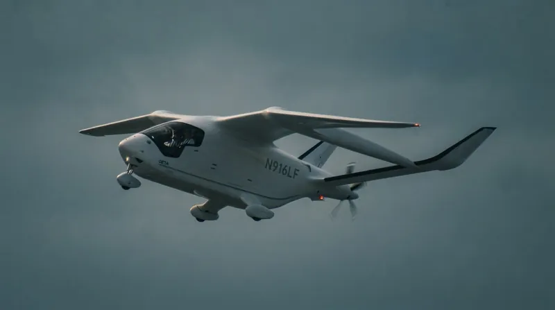 A white electric vertical takeoff and landing aircraft hovering above an airport runway during daylight.