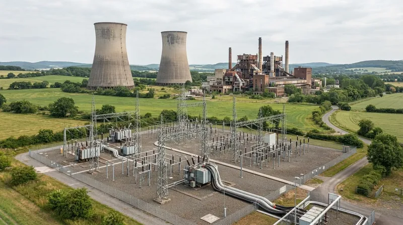 A decommissioned nuclear power plant in Germany with heavy electrical transmission lines in the foreground.
