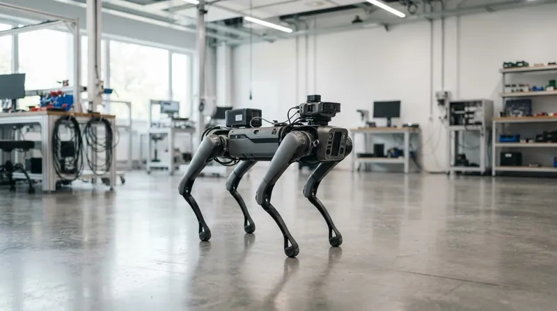 A Unitree quadruped robot standing in a modern industrial facility.