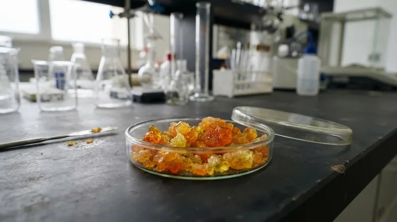 Bright orange and yellow crystalline solids inside a clear glass laboratory vial under bright lighting.
