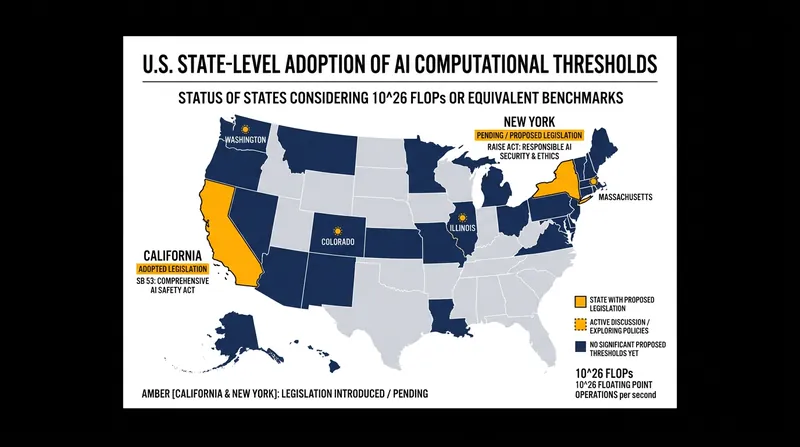 Following the revocation of federal reporting rules, US states have adopted the 10^26 FLOPs standard.