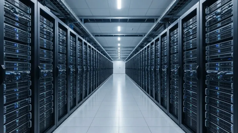 A modern Google data center server room illuminated with blue LED lights.
